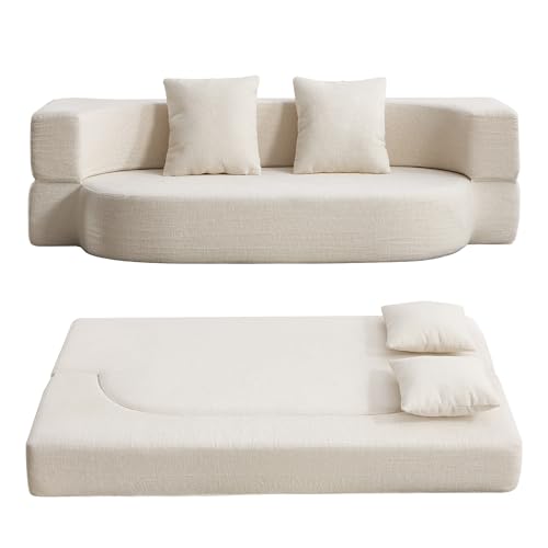 HENGJIANYI Klappbares Schlafsofa, umwandelbares Futonbett, 2-in-1 faltbare Bodenmatratze mit 2 Kissen, atmungsaktiver hochdichter Schaumstoff, faule Couch, bequemer Lounge-Sessel, Doppelgröße, Beige von HENGJIANYI