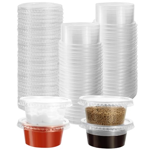 HENGKE Portionsbecher aus Kunststoff mit auslaufsicherem Deckel, transparent, Einweg für Jello Shots, Dressing, Soße, Gewürze, Dipping, Snack, Souffle und Salsa, 85 ml, 50 Sets von HENGKE