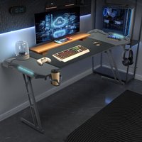 Gaming Tisch 160 x 60cm led Gaming Schreibtisch Stabiler Computertisch pc Tisch Schwarz mit Getränkehalter & Kohlefaserbeschichtung 2 Öffnungen für von HENGMEI