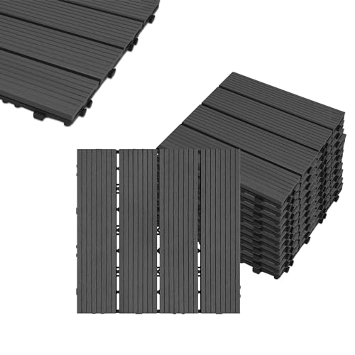 HENGMEI 11x Terrassenfliesen für 1m² WPC 30x30cm Holz-Optik - Balkonfliesen Garten klick-Fliese Anthrazit mit Drainage （11er set,Anthrazit) von HENGMEI