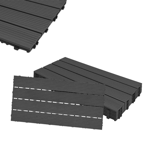 HENGMEI 12x Terrassenfliesen WPC 30x60cm Holz-Optik - Balkonfliesen Garten klick-Fliese Anthrazit mit Drainage (12er set,Anthrazit) von HENGMEI