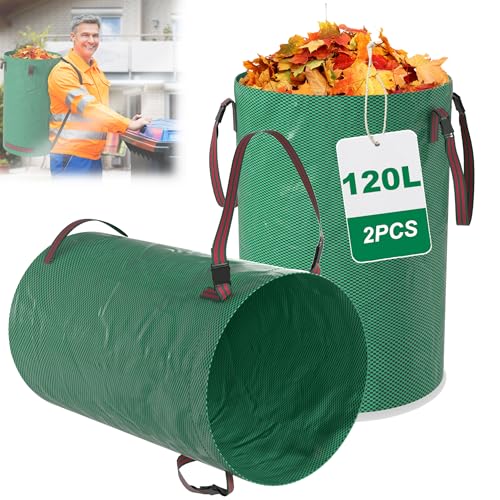 HENGMEI 2 x Gartenabfallsack Gartensäcke Laubsack 120L Garten Müllsäcke Selbstaufstellend für Gartenabfälle robuste Polypropylen-Gewebe 150g/m², Grün (Tragen oder Rucksacktransport) von HENGMEI