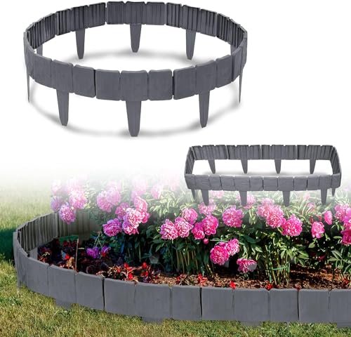 HENGMEI 2.5m Rasenkante Kunstoff Beeteinfassung Beetumrandungen Steinoptik Mähkante Palisade für Blumen Gartenzaun Decorativ 10 Stücke 25x23cm (L x H), Anthrazit von HENGMEI