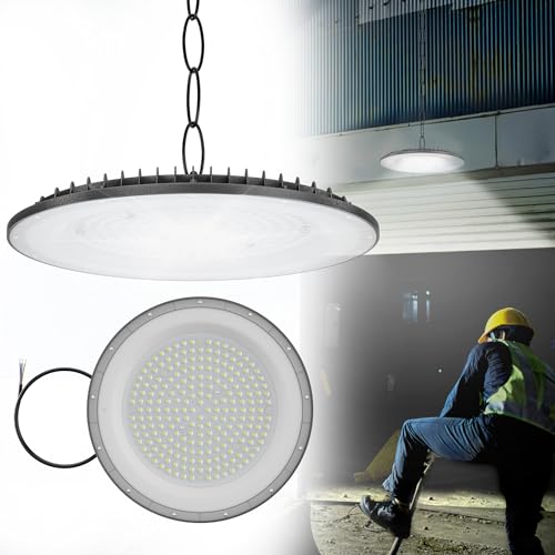 HENGMEI 200W LED UFO Industriebeleuchtung High Bay Light, 10000LM LED Hallenbeleuchtung Industrielampe Ultradünne Lampe Hallenstrahler, IP65 Wasserdichte 6000K-6500K Kaltweiß von HENGMEI