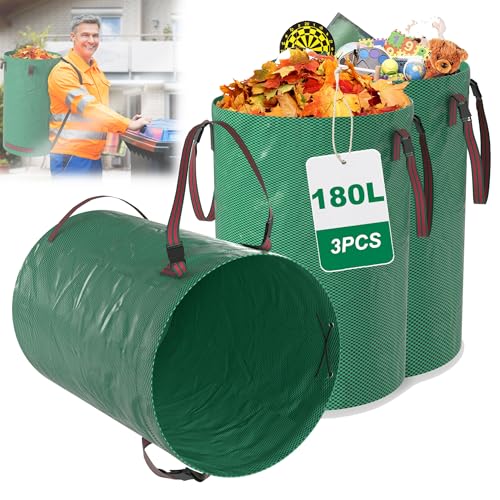 HENGMEI 3 x Gartenabfallsack Gartensäcke Laubsack 180L Garten Müllsäcke Selbstaufstellend für Gartenabfälle robuste Polypropylen-Gewebe 150g/m², Grün (Tragen oder Rucksacktransport) von HENGMEI