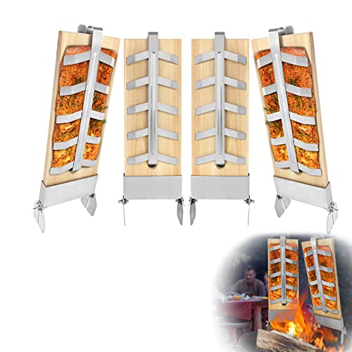 HENGMEI 4er-Set Flammlachsbretter Räucherbrett Flammlachs Brett mit Stabiler Edelstahl-Halterung für Feuerschale & Grill von HENGMEI