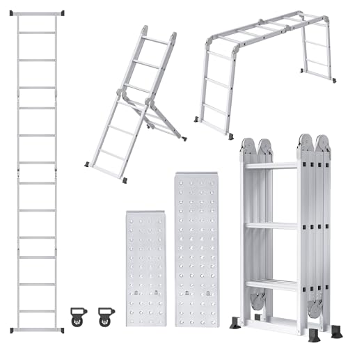 HENGMEI 6 in 1 Leiter Mehrzweckleiter Aluminium mit Plattform 3,4m Multifunktionale Klappleiter Arbeitsleiter Haushaltsleiter bis 150kg, 4x3 Stufen Stufen mit 2 Gerüstplatten von HENGMEI
