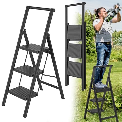 HENGMEI Alu Trittleiter 3 Stufen Leiter Klappleiter Tritthocker rutschfeste Stehleiter Treppenleiter Haushaltsleiter mit Anti Rutsch Pedal Multifunktionale Stufenleiter 150kg Belastbar(mit Handlauf) von HENGMEI