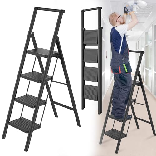 HENGMEI Alu Trittleiter 4 Stufen Klappleiter Leiter Tritthocker rutschfeste Stehleiter Treppenleiter Haushaltsleiter mit Anti Rutsch Pedal Multifunktionale Stufenleiter 150kg Belastbar(mit Handlauf) von HENGMEI