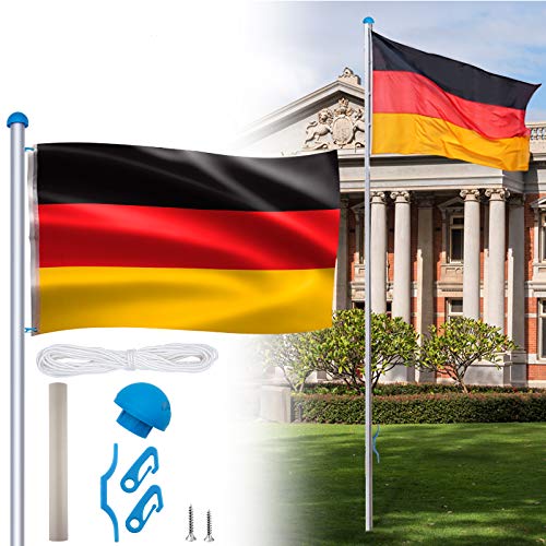 HENGMEI Aluminium Fahnenmast 6,50m mit Deutschlandfahne Flagge, Seilzug und Bodenhülse witterungsbeständigem Flaggenmast höhenverstellbar für draussen von HENGMEI