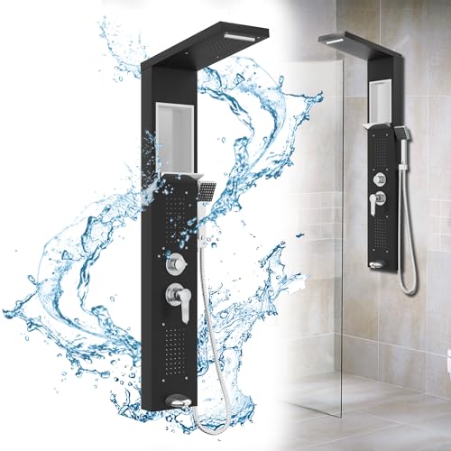 HENGMEI Duschpaneelsystem Duschpaneel Edelstahl Gebürstet Duschsäule mit 5 Duschmodi Duschset Duschpaneelturm mit Regendusche, Massagedusche, Wasserfalldusche, Handbrause(Schwarz) von HENGMEI