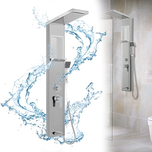 HENGMEI Duschpaneelsystem Duschpaneel Edelstahl Gebürstet Duschsäule mit 5 Duschmodi Duschset Duschpaneelturm mit Regendusche, Massagedusche, Wasserfalldusche, Handbrause(Silber) von HENGMEI