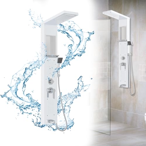 HENGMEI Duschpaneelsystem Duschpaneel Edelstahl Gebürstet Duschsäule mit 5 Duschmodi Duschset Duschpaneelturm mit Regendusche, Massagedusche, Wasserfalldusche, Handbrause(Weiß) von HENGMEI