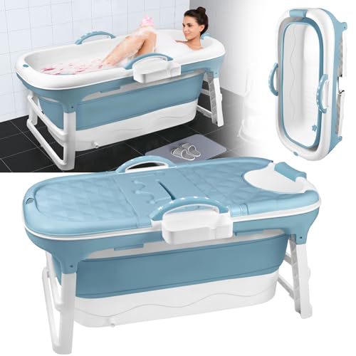 HENGMEI Faltbare Badewanne Erwachsene Mobile 112 x 62 x 52 cm Tragbare Badewanne Mit Abdeckung Massagerollen und Badewannenablage, BlauGrün von HENGMEI
