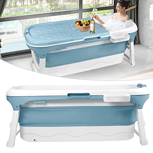 HENGMEI Faltbare Badewanne Erwachsene XL Mobile Tragbare Badewanne Mit Abdeckung Massagerollen und Badewannenablage, Blau (128 x 62 x 52 cm) von HENGMEI