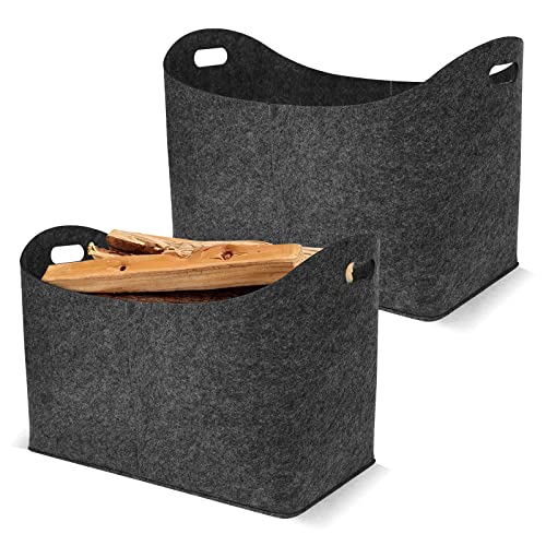 HENGMEI Filztaschen für kaminholz 2 Stück Kaminholztasche Faltbar Filzkorb Kaminholzkorb Einkaufstasche Henkeltasche für Holz, Zeitungen, Maße 55 x 30 x 40 cm (Typ B, Dunkelgrau) von HENGMEI