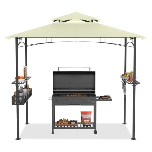 HENGMEI Grill Pavillon 2.45 x 1.53m, Grillpavillon Partyzelt Doppelstöckige Schutzabdeckung, Grillzelt Gartenpavillon Pergola mit Regalen und Ablagekörben für Party, Marktstand, Picknick (Beige) von HENGMEI