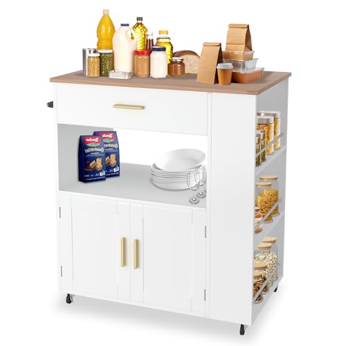 HENGMEI Kücheninselwagen auf Rollen Küchenwagen Bewegliche Küchen Wagen mit Arbeitsplatte Lagerschrank Küchenschrank, Rollwagen Kücheninsel mit Handtuchhalter und 3 Gewürzregalen 75x46x93 cm (Typ B) von HENGMEI