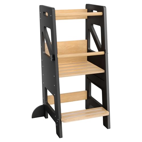 HENGMEI Lernturm Entdeckerturm aus Holz MontessoriLernturm Learning Tower 3 Fach Höhenverstellbar Küchenhelfer für Kinder mit Rutschfester Oberfläche und kippsicheren Füßen (Schwarz) von HENGMEI