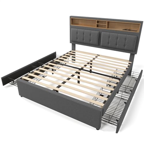 HENGMEI Polsterbett, Stauraumbett mit Steckdose und USB Anschlüssen, Doppelbett mit 4 Schubkästen, Stauraum Kopfteil Leinenmaterial Bettgestell, 140x200cm, Grey von HENGMEI