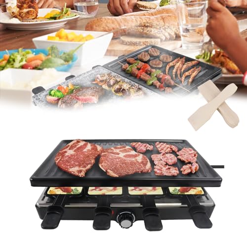 HENGMEI Raclette Grill, Tischgrill Elektrisch, Edelstahl Elektrogrill mit Pfännchen, Antihaftbeschichteter Grillplatte und Naturgrillstein für 8 Personen, max. 1400 W, Schwarz von HENGMEI