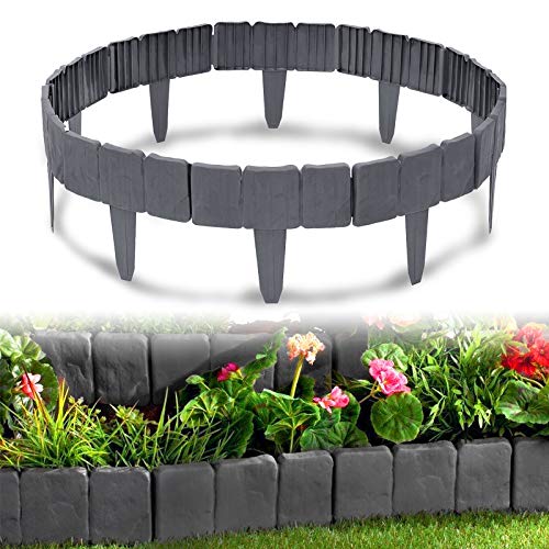 HENGMEI Rasenkante in Steinoptik 12,5m Beetumrandung Mähkante 50 stücke Randsteine Kunststoff Beeteinfassung Gartenzaun 1 Element (L x H): 25cm x 23cm, Anthrazit von HENGMEI