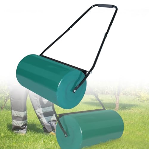 HENGMEI Rasenwalze Metall Befüllbar Handwalze Gartenwalze 57cm Handwalze Rasenroller Gartenfräse Rasenlüfter-32 cm Durchmesser, 46 l Füllvolumen Ackerwalze Handschuhe(Grün) von HENGMEI