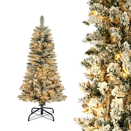 HENGMEI Weihnachtsbaum 135 cm, Schlanker künstlicher Tannenbaum mit 8 Lichtmode Beleuchtung Ständer Schnee Beflocken, dichte Zweige Christmas Tree Ø55 cm von HENGMEI