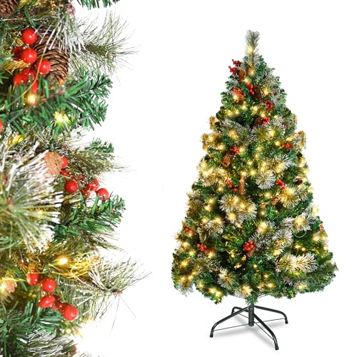 HENGMEI Weihnachtsbaum 150 cm, PVC künstlicher Tannenbaum mit 8 Lichtmode Beleuchtung Ständer Kiefernzapfen Ilex Tannennadeln, dichte Zweige Christmas Tree Ø90 cm von HENGMEI