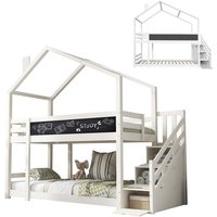 Kinderbett Rausfallschutz Bett, Hochbett Hausbett mit 3x Schubkästen und Treppe, Etagenbett 2 Kinder, Weiß 97 x 245 x 222 cm Hengmei von HENGMEI