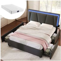 Polsterbett 160x200 cm, Boxspringbett mit Seitliche Lagerung led Beleuchtung, Bettgestell mit Lattenrost Bettkasten - Grau mit Matratze Hengmei von HENGMEI