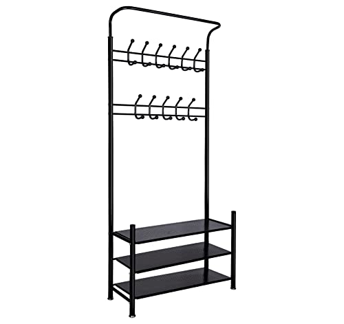 Hengsong Garderobenständer,Kleiderständer Schwarz,Garderobe,mit Shoe Rack,11 Haken,Gaderobenständer&,Schuhschrank,3 Ablagen Schuhregal Metall,Höhe ca.190cm von Hengsong