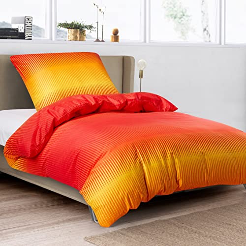 HENGWEI Bettwäsche-Set 135x200 cm, 100% Baumwolle Oeko-TEX Zertifiziert, Atmungsaktiv & kuschelig, mit Reißverschluss Bettbezug 135x200 + Kissenbezug 80x80, Rot Orange Streifen 120 g/m² von HENGWEITEXT