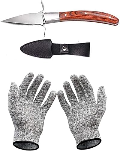 Austernmesser und Schnittschutzhandschuh, Austern-Korkenzieher aus Edelstahl mit Handschuhen, Schutzklasse 5 (L), für Muscheln oder Hartkäse von HENGYUE