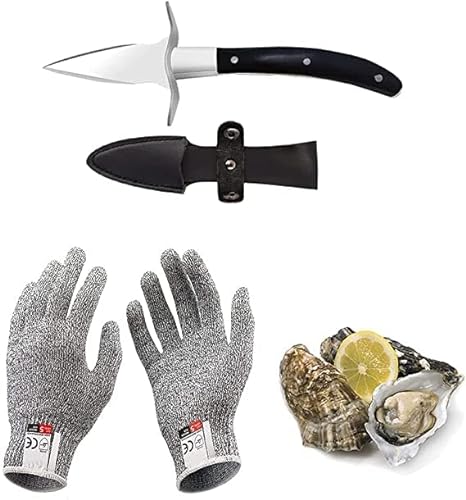 HENGYUE Austernmesser und Schnittschutzhandschuh, Austern-Korkenzieher aus Edelstahl mit Handschuhen, Schutzklasse 5 (L), für Muscheln oder Hartkäse, Schwarz von HENGYUE