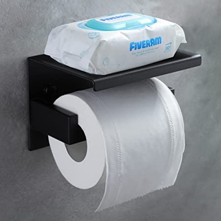 Toilettenpapierhalter Selbstklebend aus Edelstahl ohne Bohren mit Regal Regal Toilettenpapierhalter ohne Bohren selbstklebend mit Schrauben für Küche WC Badezimmer (schwarz) von HENGYUE