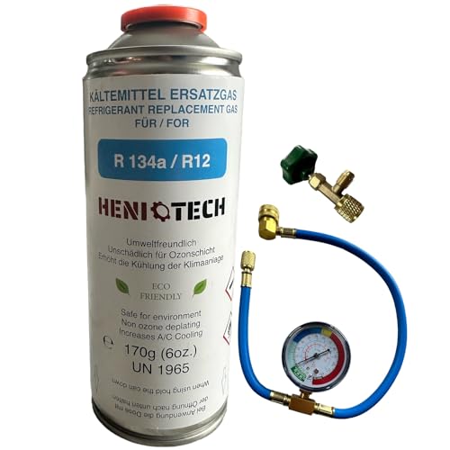 HENIOTECH/COOLBLAST (Versand je nach Lagerbestand) Ersatz Kältemittel für Auto Klimaanlage R134a - 170g / 453g + Ventil + Schlauch von HENIOTECH