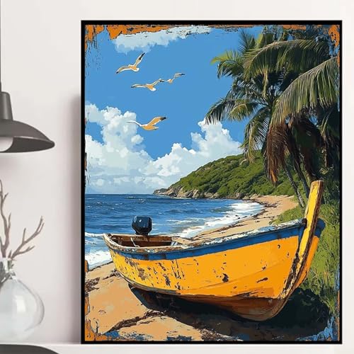 Boot Diamond Painting 40×50cm, Meer Diamond Painting Erwachsene Anfänger 5D DIY Runder Vollbohrer Diamanten Malerei Mosaik Bastelset Erwachsene für Zimmer Deko, Geschenke für Frauen -hjw2508DH1CU von HENJGWEG
