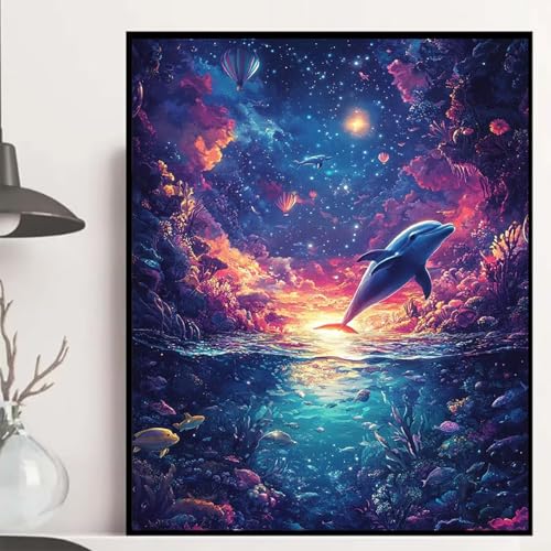 Delphin Diamond Painting 135x100cm, Sternenhimmel Diamond Painting Erwachsene Anfänger 5D DIY Runder Vollbohrer Diamanten Malerei Mosaik Bastelset Erwachsene für Zimmer Deko, Geschenke -hjw25085W von HENJGWEG