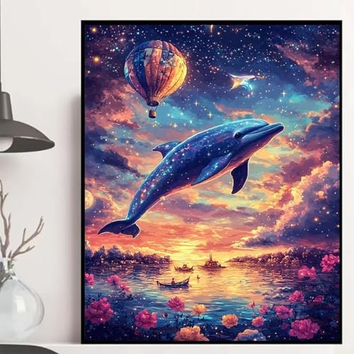 Delphin Diamond Painting 90x120 cm, Sternenhimmel Diamond Painting Erwachsene Anfänger 5D DIY Runder Vollbohrer Diamanten Malerei Mosaik Bastelset Erwachsene für Zimmer Deko, Geschenke -hjw25088W von HENJGWEG
