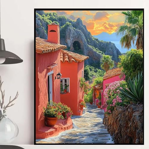 Häuser Diamond Painting 40x50cm, Landschaft Diamond Painting Erwachsene Anfänger 5D DIY Runder Vollbohrer Diamanten Malerei Mosaik Bastelset Erwachsene für Zimmer Deko, Geschenke für Frauen -hjw250843 von HENJGWEG