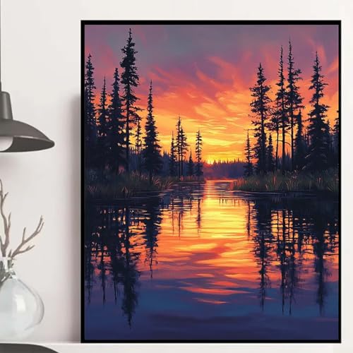 Wald Diamond Painting 60x80 cm, Sonnenuntergang Diamond Painting Erwachsene Anfänger 5D DIY Runder Vollbohrer Diamanten Malerei Mosaik Bastelset Erwachsene für Zimmer Deko, Geschenke -hjw25089V von HENJGWEG