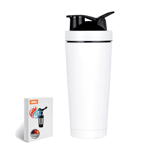 HENKi Thermo Shaker Edelstahl [700ml] I 100% Auslaufsicher - Fitness Shaker für 12 Stunden eiskalte Shakes & Getränke I Edelstahl Protein Shaker - Extra robust (Weiß) von HENKi