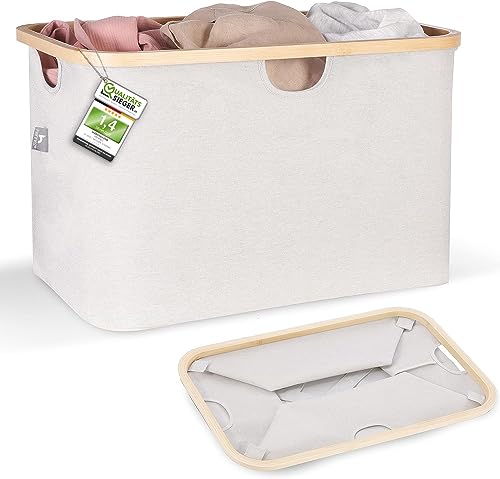 HENNEZ Faltbarer Wäschekorb Beige/Hellgrau 60L - Wäschekorb aus Stoff mit Bambus - Klappbarer Wäschekorb Faltbar Flach - Collapsible Foldable Laundry Basket -Wäschekorb Tragbar Wäschesammler von HENNEZ