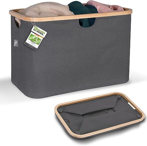 HENNEZ Faltbarer Wäschekorb Grau 60L - aus Stoff mit Bambus - Klappbarer Flach - Collapsible Foldable Laundry Basket - Tragbar Wäschesammler von HENNEZ
