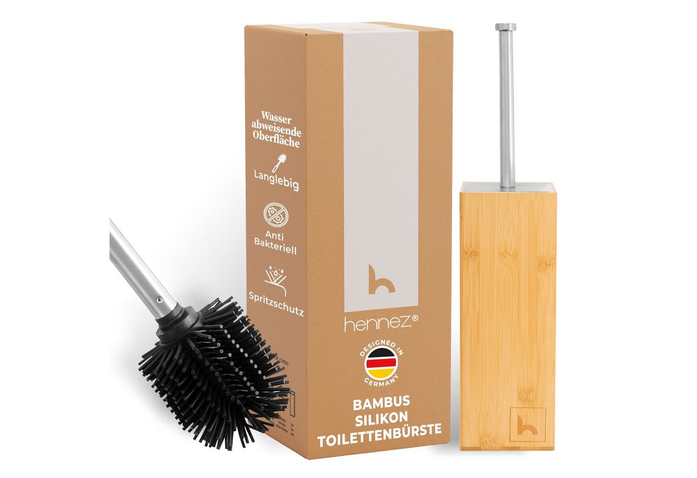 HENNEZ WC-Reinigungsbürste Klobürste Silikon Bambus Bürstenhalter Freistehend Toilettenbürste, Toilette, (Toilettenbürstengarnitur), - Wc Bürste Quadratisch aus Silikon & Bambus von HENNEZ