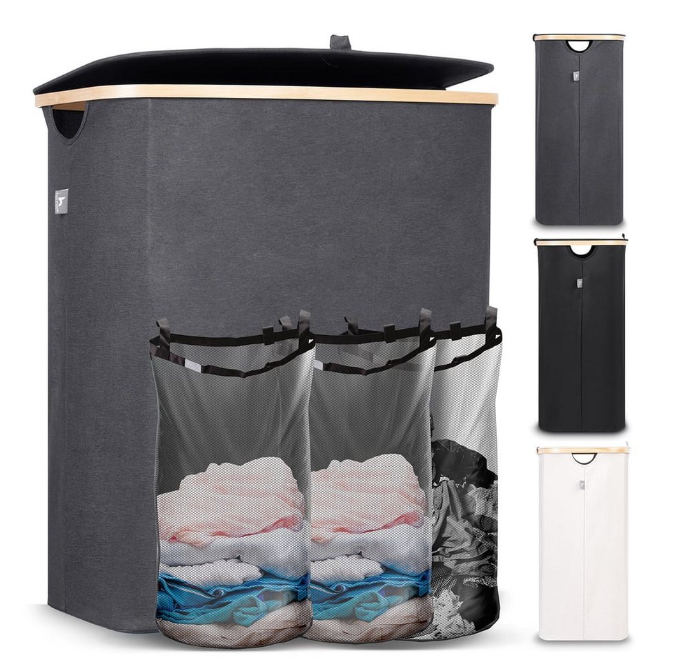 HENNEZ Wäschekorb Wäschebox 150L - Wäschekorb 3 Fächer mit Deckel, Wäschesortierer mit Wäschesack, schwarz Bambus HENNEZ Wäschekorb Wäschebox 150L - Wäschekorb 3 Fächer mit Deckel, Wäschesortierer mit Wäschesack, schwarz Bambus von HENNEZ