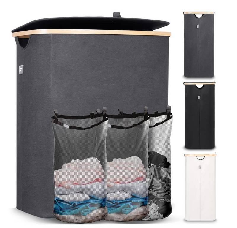HENNEZ Wäschekorb Wäschebox 150L - Wäschekorb 3 Fächer mit Deckel, Wäschesortierer mit Wäschesack, schwarz Bambus HENNEZ Wäschekorb Wäschebox 150L - Wäschekorb 3 Fächer mit Deckel, Wäschesortierer mit Wäschesack, schwarz Bambus von HENNEZ