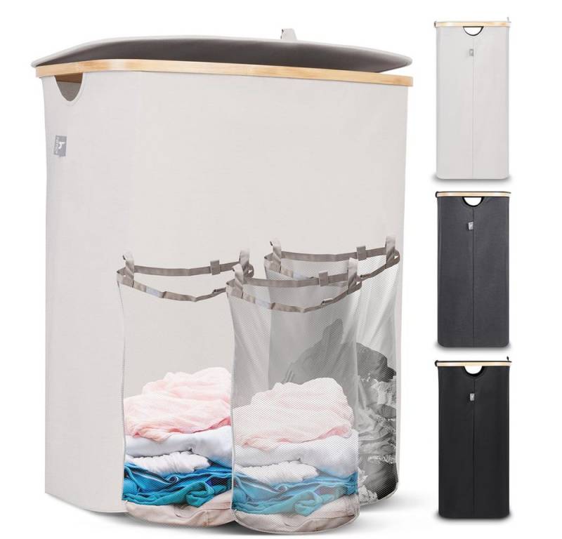 HENNEZ Wäschekorb Wäschebox 150L - Wäschekorb 3 Fächer mit Deckel, Wäschesortierer mit Wäschesack, schwarz Bambus von HENNEZ