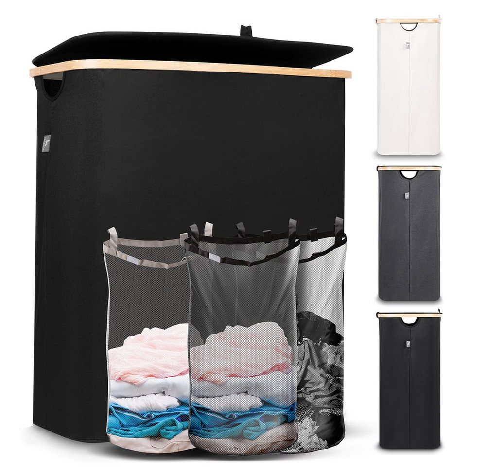 HENNEZ Wäschekorb Wäschebox 150L - Wäschekorb 3 Fächer mit Deckel, Wäschesortierer mit Wäschesack, schwarz Bambus HENNEZ Wäschekorb Wäschebox 150L - Wäschekorb 3 Fächer mit Deckel, Wäschesortierer mit Wäschesack, schwarz Bambus von HENNEZ